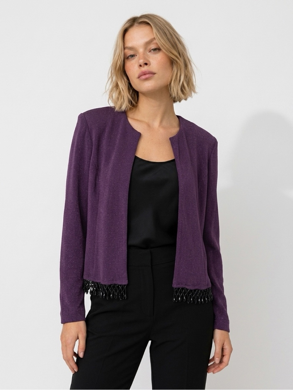 R&M Richards Purple Open-Front Beaded Hem Cardigan Size 8P Beads !